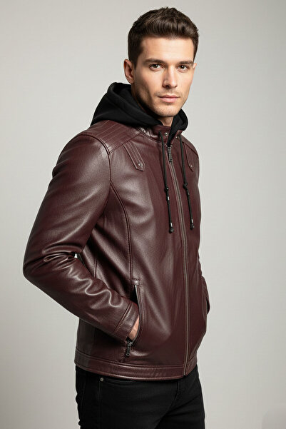 Deriderim Alfa Bordo Hooded Genuine Leather Men's Coat