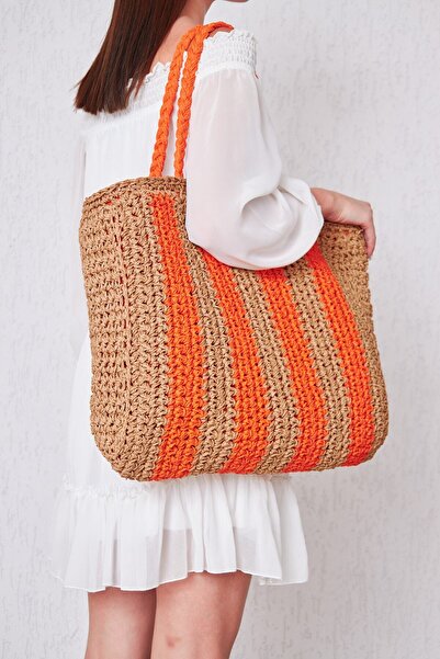 ANJEA Milano El Örgü Kağıt İp Omuz & El Çantası | Kraft&Turuncu Çizgili | Ast...