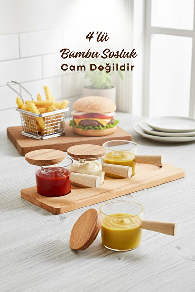 grimorlife 4'lü Ahşap Standlı Bambu Saplı Mika Sosluk Reçellik Çerezlik Ikramlık Sunumluk-cam Değildir