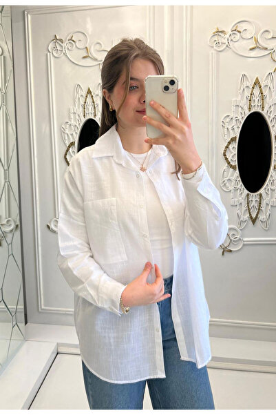 TesetturHome Kadın Oversize %100 Pamuk Keten Gömlek