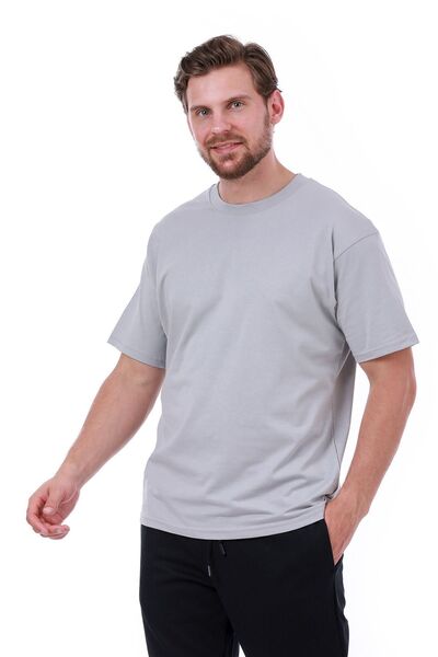 WERRONİ Men's Oversized Fit Wide Cut Crew Neck Cotton Basic Gray T-Shirt