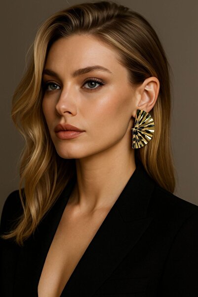 HAZAL KAYA ATELIER Gold Leopard Fabric Detailed Fan Women's Earrings