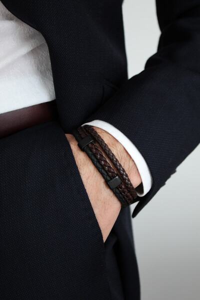 SEN'Z COLLECTİON Erkek Kahverengi Örgü Deri Bileklik