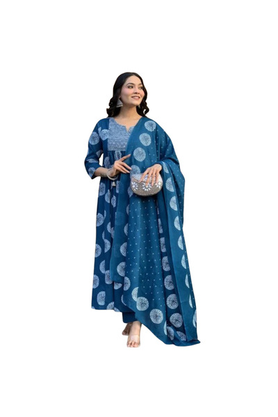 MYSMAR Blue Cotton Salwar Kameez & Dupatta Set - ALV2028 | Blue