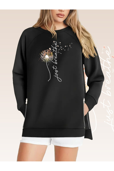 Curvy Trend Büyük Beden Breathe Baskılı Fermuar Yırtmaç Detaylı Yumuşak Döküm...