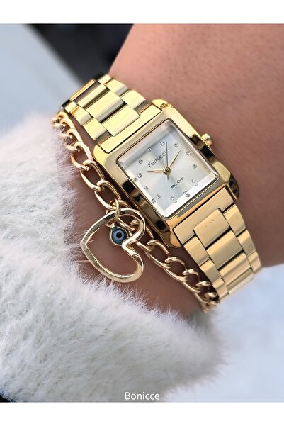 Ferrucci , Sarı Renk Çelik Kordon,Sarı Kadran, Kadın Kol Saati+Kalp Bileklikler