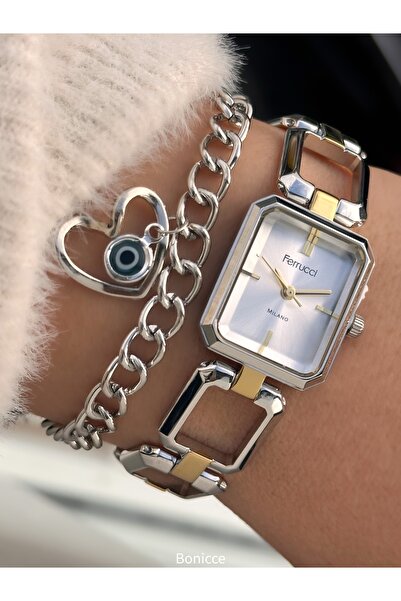 Ferrucci علبة مستطيلة الشكل ذات علامة تجارية، ساعة يد نسائية بحبل فولاذي أصفر فضي + سوار مطرز بالخرز