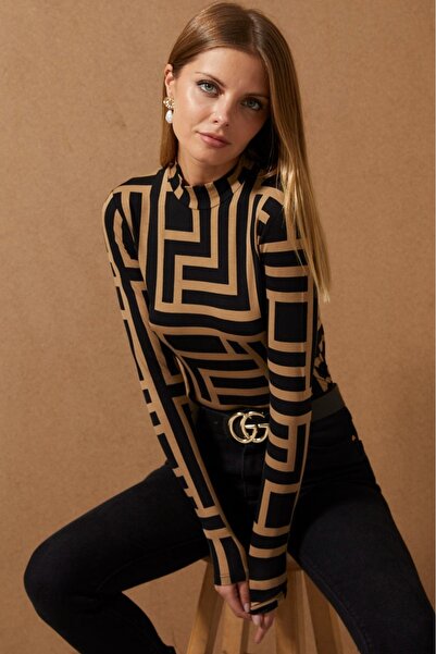 Be Best Kadın Camel-Siyah Yarım Balıkçı Desenli Bluz BE204