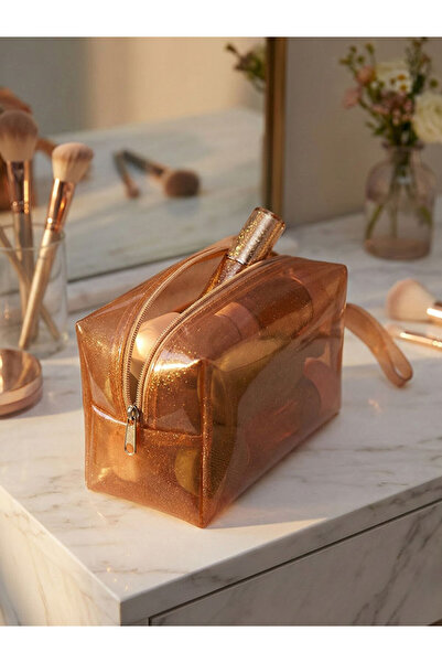 m montefair Kadın Pembe Simli Şeffaf Makyaj Çantası - Fermuarlı Seyahat ve Kozmetik Organizeri