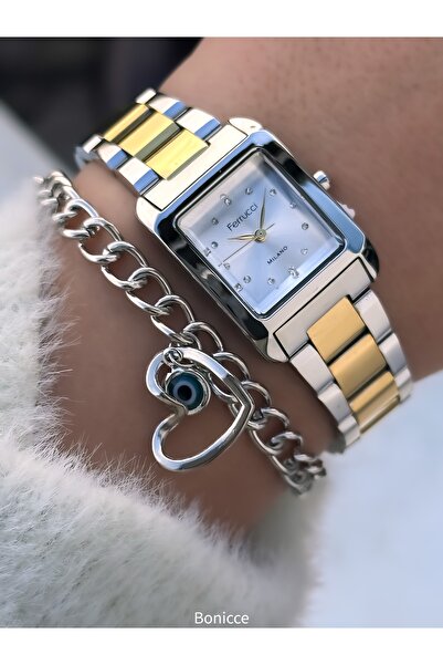 Ferrucci Gold Silver Color Steel Cord, Women's Wristwatch with Stones+Heart B...