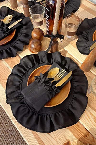 KaiHome مجموعة من 4 قطع من قماش الكتان الأسود بتفاصيل مكشكشة مستديرة أمريكية