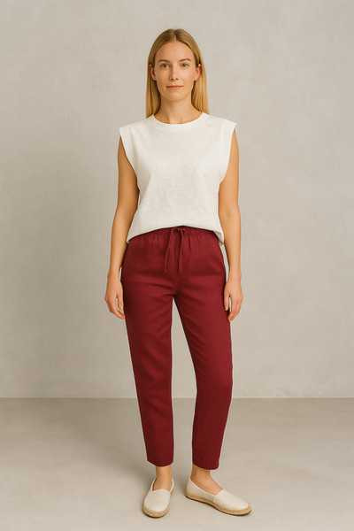 VENA Women's Alian Elastic Waist Beach Pants 100% Linen - Burgundy
