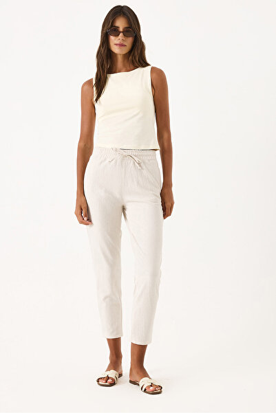 VENA Women's Alian Elastic Waist Seersucker Striped Beach Pants - Stone Striped