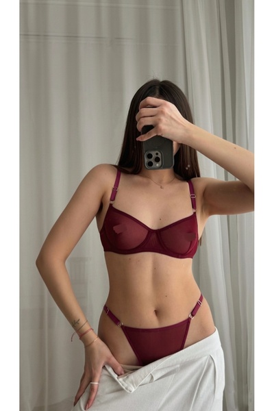 La Linaa Γυναικείο Σετ σουτιέν με στρινγκ από τούλι μπορντό