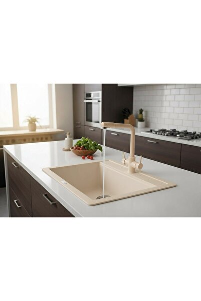 HENASURFACE Granit Eviye 1 Gözlü Bej 55x50 Granit Evye Kuvars