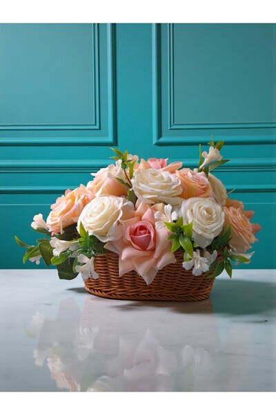 NEŞELİ ÇİÇEKLER تشكيلة زهور صناعية في سلة سلة زهور مزخرفة بالفاوانيا الوردية مقاس 35 × 22 × 26 سم
