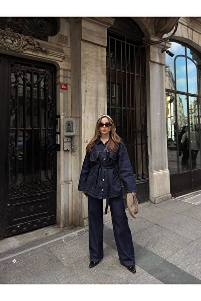 MEECY Dunkelblaue, gebundene Denim-Anzugjacke und -Hose in Übergröße