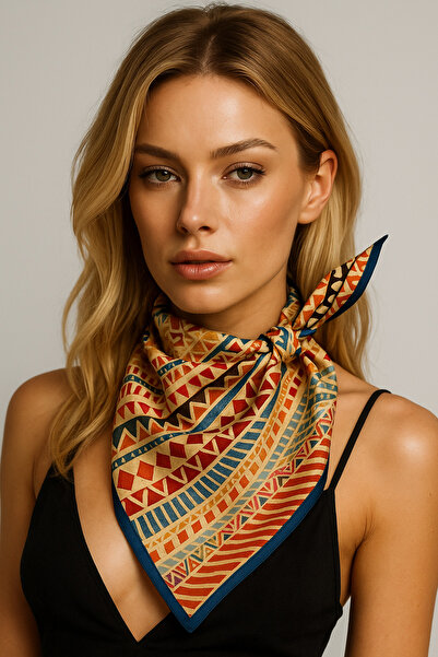 Modabutik Kadın Turuncu Etnik Desenli Bandana 70x70 DG0491-22