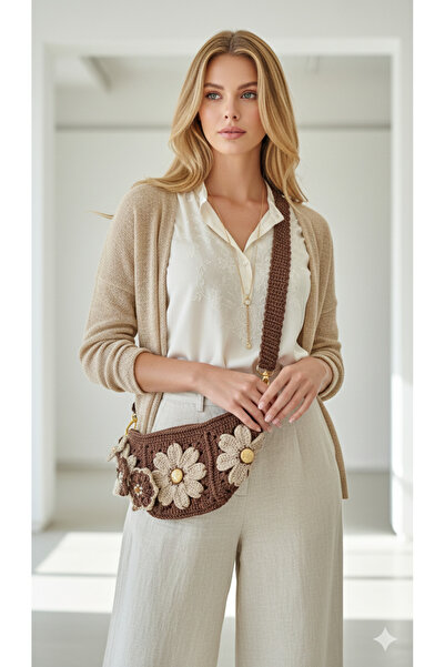 drt tasarım Cross Body Lined Zippered Soft Macrame Chocolate Brown Bag