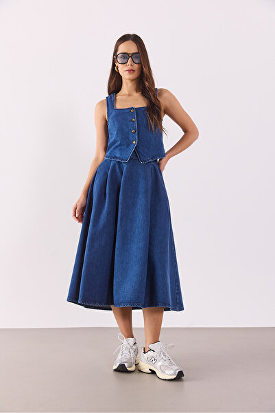 VENA Women's Pleated Flared Lyocell Dark Blue Midi Length Jean Skirt - Dark Blue