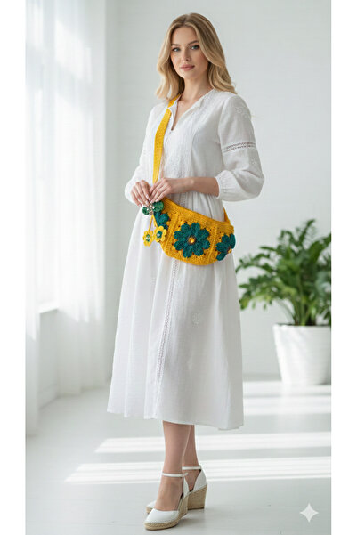 drt tasarım حقيبة كروس بودي مبطنة بسحاب ناعمة من المكرامية باللون الأصفر والأخضر