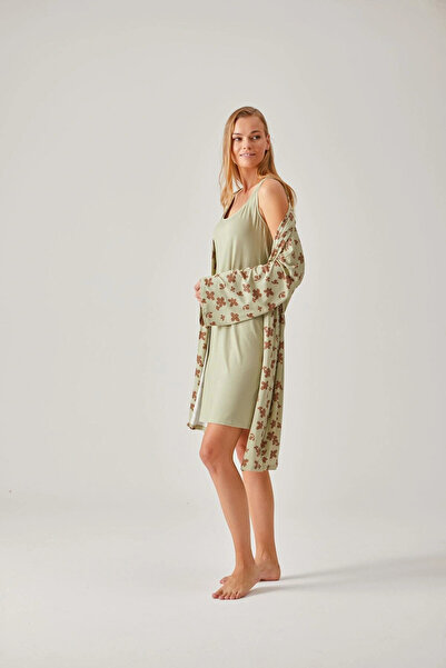 Pamuk & Pamuk Fıstık Yeşil Çiçekli Viskon Kadın Sabahlık