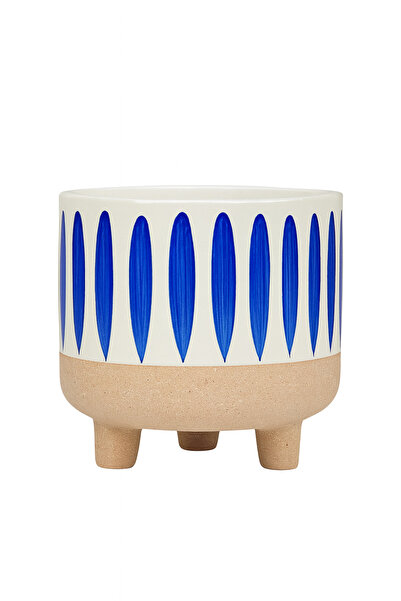 Acalys Dekoratif EI Yapımı Büyük Seramik Ayaklı Saksı — Beyaz Lacivert Çizgil...