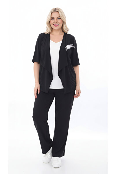 vividbutik Siyah Broşlu Ceket Pantolon Rahat 2'li Takım