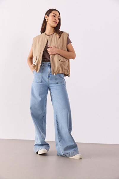 VENA Women's Leila Elastic Waist Wide Leg Lyocell Sky Blue Jean Trousers - Sky Blue