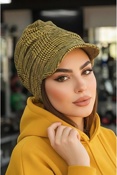 Aişe tesettür Hardal Siyah Ekose Desen Tesettür Şapka