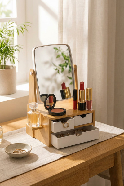 MAKRİ HOME Bambu Çekmeceli Ayna Takı Organizeri – 3 Çekmeceli, 360° Dönen Ayna