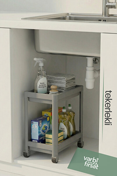 Varbifırsat رف مطبخ منظم بعجلات مكون من طبقتين ورف حمام تحت المنظفات تحت المنضدة