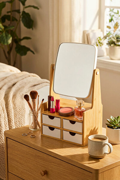 MAKRİ HOME Organizator de bijuterii cu oglindă cu sertare din bambus – 4 sertare, 360 °   Oglindă rotativă