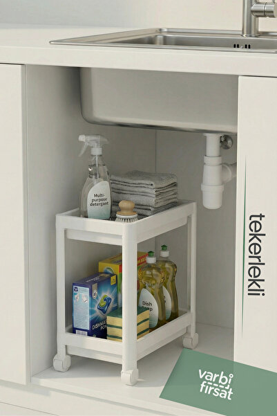 Varbifırsat رف مطبخ منظم بعجلات مكون من طبقتين ورف حمام تحت المنظفات تحت المنضدة