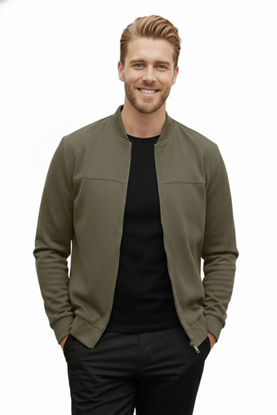 DeepSEA سترة رجالية من جلد الغزال ذات قصة ضيقة و قماش قابل للتمدد سحابات باللون الكاكي – موسمي معطف فاخر رفيع 2504334