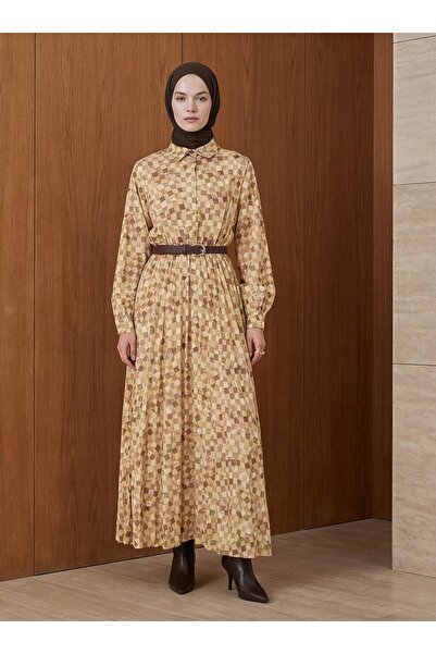 Refka Yellow Geometric Pattern Leather Belted Hijab Dress - Yellow -