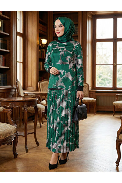 modamira Kadın Saten Sandy Zümrüt Yeşil Desenli Bluz Özel Tasarım Davet Nişan...