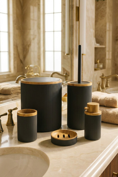 MAKRİ HOME طقم حمام من الخيزران الرمادي مكون من 5 قطع، تصميم أنيق، الحجم: 6 لتر