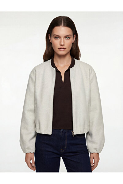 Koton Kaşe Bomber Jacket Crop Crew Neck Zipper Pocket Long Sleeve