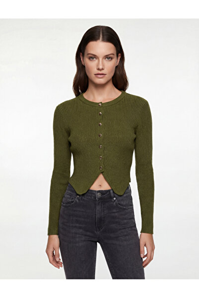 Koton Long Sleeve Crew Neck Buttoned Asymmetrical Hem Detailed Knitwear Cardigan