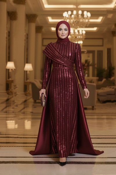 Ayşe Melek Omuz Detay Saten Kuyruklu Pullu Tül Abiye Elbise 2848 Bordo