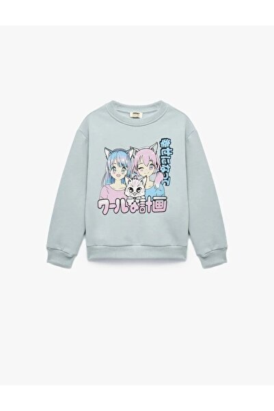 Koton Anime bedrucktes Sweatshirt mit erhöhtem Langarm-Rundhalsausschnitt