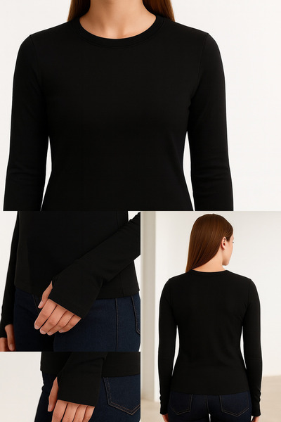 Hayalet قميص أساسي مرن بأكمام طويلة وياقة دائرية من القطن الناعم المنسوج - تي...