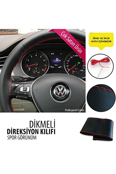 Leader Dikmeli Direksiyon Kılıfı Deri Siyah Kırmızı Dikişli