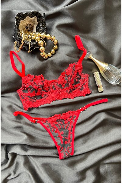 luneaintimates Kırmızı Siyah Çiçek İşlemeli Balenli Desteksiz Transparan Sütyen Takımı – B Cup (70-75-80-85-90)