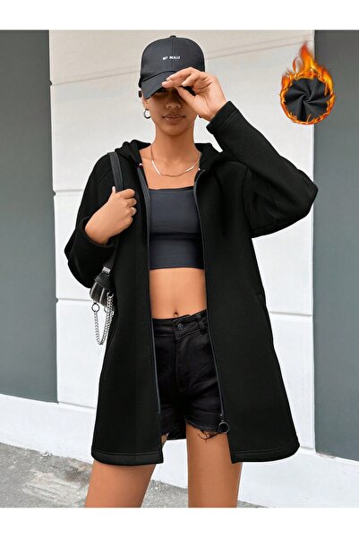 Mood Lab SİYAH KAPŞONLU FERMUARLI UZUN KALIN OVERSIZE ÖRME HIRKA SWEATSHIRT