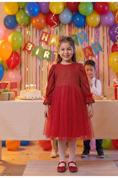 penu baby kids Kırmızı Uzun Balon Kumaş Kol Altı Tütülü Kız Bebek Elbise - Ci...