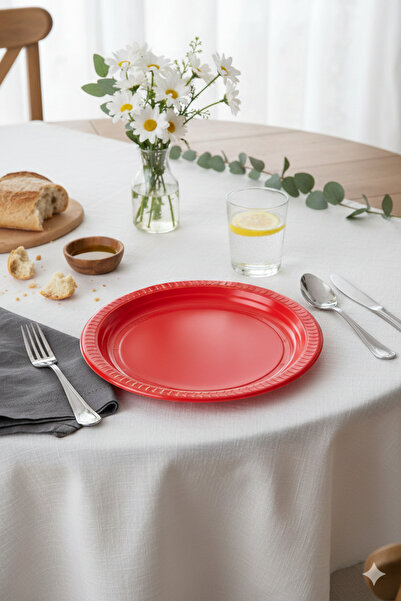 Deniz Party Store Plastik Tabak 25 Adet Kırmızı Kullan At Tabak 22 Cm Doğum G...