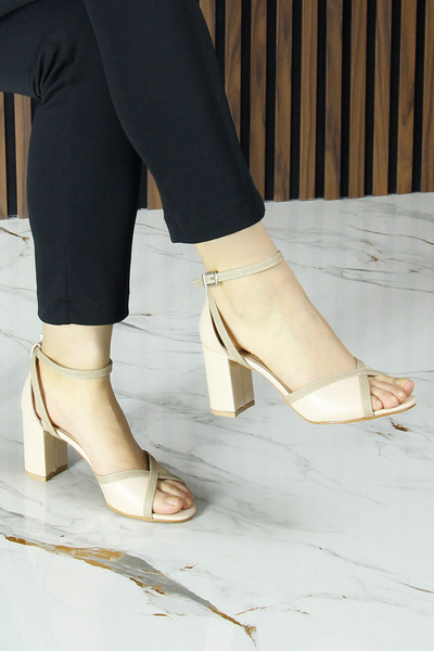 Erkan Saçmacı Charlotte Ten Vegan Cross-Strapped Mesh Thick Heeled Elegant Ev...