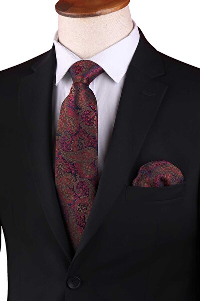 Kravatkolik Kırmızı Şal Desen Mendilli Klasik Kravat KK13210